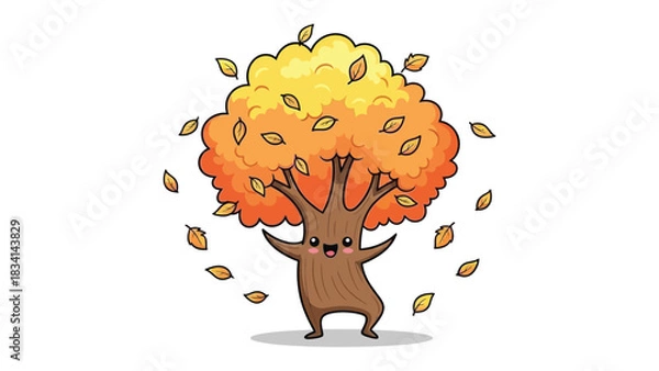 Fototapeta Joyful Autumn Tree: An adorable tree character, adorned with vibrant autumn foliage, joyfully dances in the season of change, with leaves gracefully falling around it.