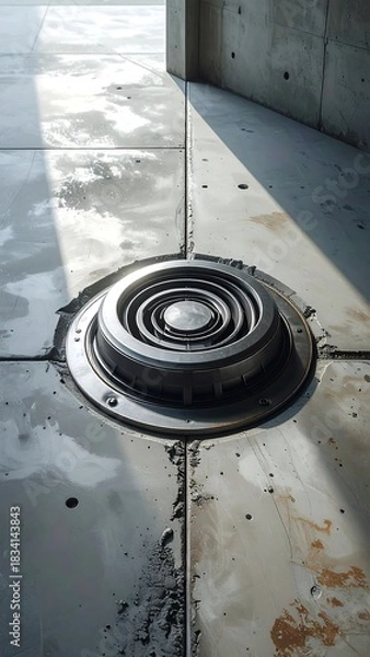 Fototapeta Close-up of metallic, circular industrial fixture embedded in tiled flooring