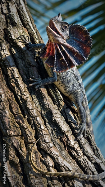 Fototapeta Frilled Neck Lizard Climbing Tree Trunk