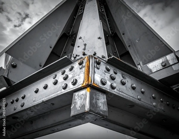 Fototapeta Close-up of metallic construction corner with rivets and visible weathering