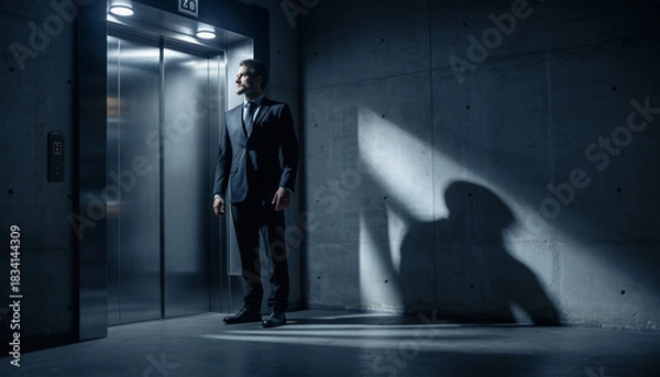 Fototapeta Businessman Waiting for Elevator in Dark Lobby