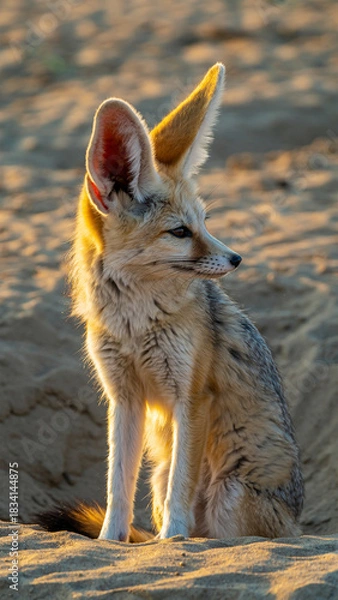 Fototapeta Fennec Fox Sitting in Desert Sand at Sunset