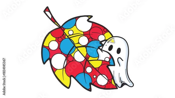 Fototapeta Colorful leaf and Ghost: A cheerful cartoon ghost playfully hides among a vibrantly colored leaf, where the patterns, red, yellow and blue, evoke feelings of fun and celebration. 