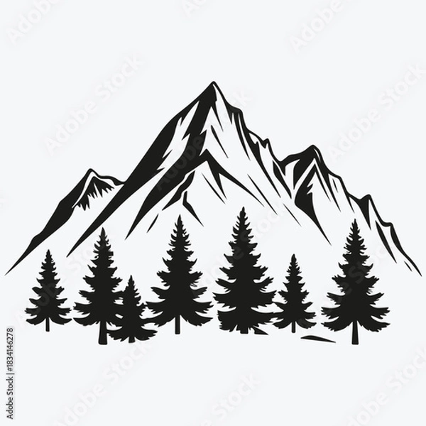 Fototapeta Wilderness mountain with forest silhouette sketch illustration vector