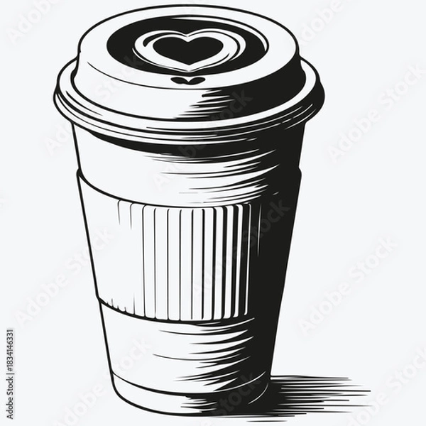 Fototapeta coffee cup top view with heart sketch illustration vector