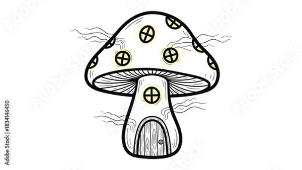 Fototapeta Enchanted Mushroom House: A whimsical illustration of a charming mushroom house, complete with a cozy doorway and windows, set against a clean, simple background.