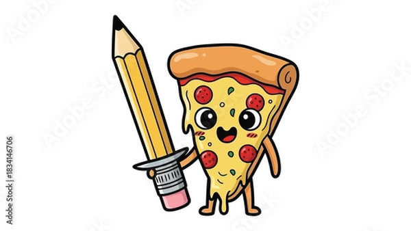 Fototapeta Pizza's Creative Slice: A cartoon illustration of a cheerful pizza slice brandishing a pencil sword, playfully embodying the concept of creative action.