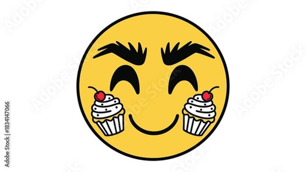 Fototapeta Sweet Emoji Delight: A cheerful yellow emoji is adorned with delightful cupcake, adding a touch of sweetness and playful fun to a simple design. Capturing joyful expression