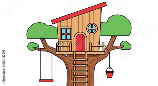 Fototapeta Illustration of a treehouse with swing ladder and bucket drawing