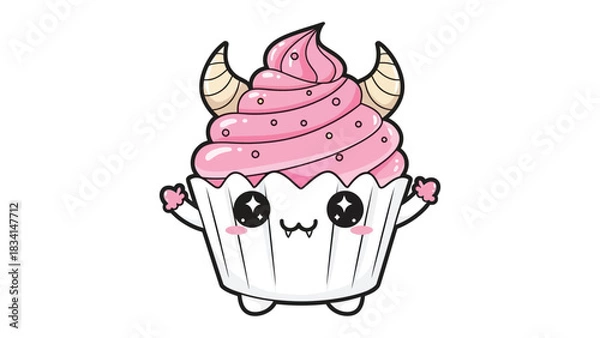 Fototapeta Whimsical Cupcake Monster: A delightful, creatively designed cupcake creature, boasting playful horns, and inviting expressions, ready to add a touch of charming sweetness.