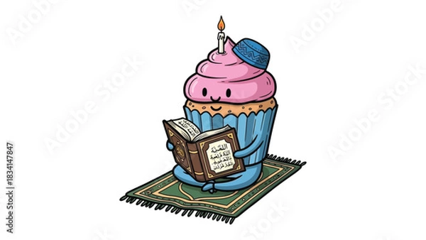 Fototapeta Cupcake Reading a Book: An animated cupcake, adorned with a candle and a cap, engrossed in reading a book while seated on a patterned prayer rug, symbolizing learning and faith.