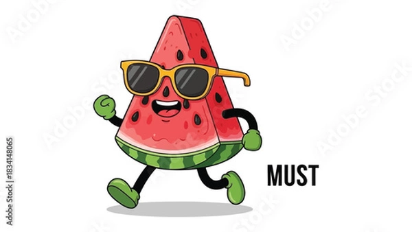 Fototapeta Cool Watermelon Run: A playful watermelon character, sporting stylish sunglasses, embarks on a joyful run, perfect for summer fun, embodying the vibrant essence of healthy living.