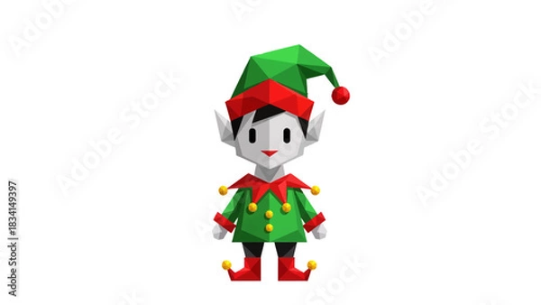 Fototapeta Festive low poly Christmas elf character illustration for cheerful holiday designs and seasonal promotions, adding a touch of playful magic to your project