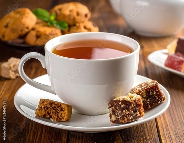 Fototapeta A cup of tea with dessert treats alongside. Cookies, candied squares, and a teapot rest on a wooden table