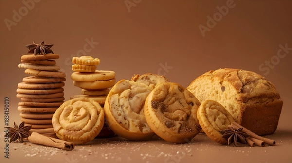 Fototapeta Speculoos cookies and golden panettone bread evoke comforting warmth. Enjoy hot buttered rum biscotti. Ample copy space presents opportunity for text