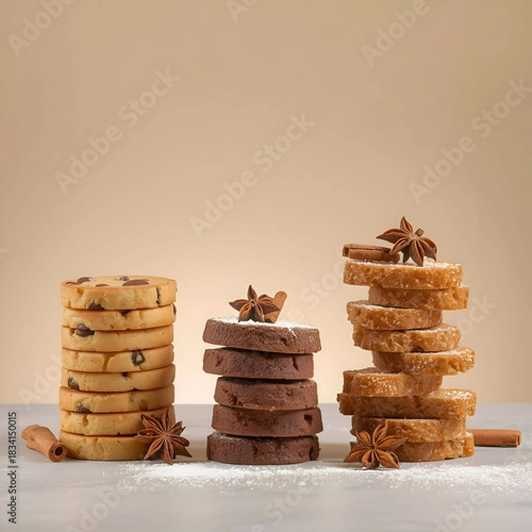 Fototapeta Warm speculoos cookies and golden biscotti stacks offer comforting delight, like rich panettone bread, perfect with hot buttered rum. Generous copy space for text