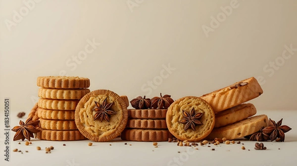 Fototapeta Delicious speculoos cookies and crisp biscotti arranged artfully, exuding warm inviting scene. delightful assortment offers generous copy space for text, perfect for holiday greetings or bakery