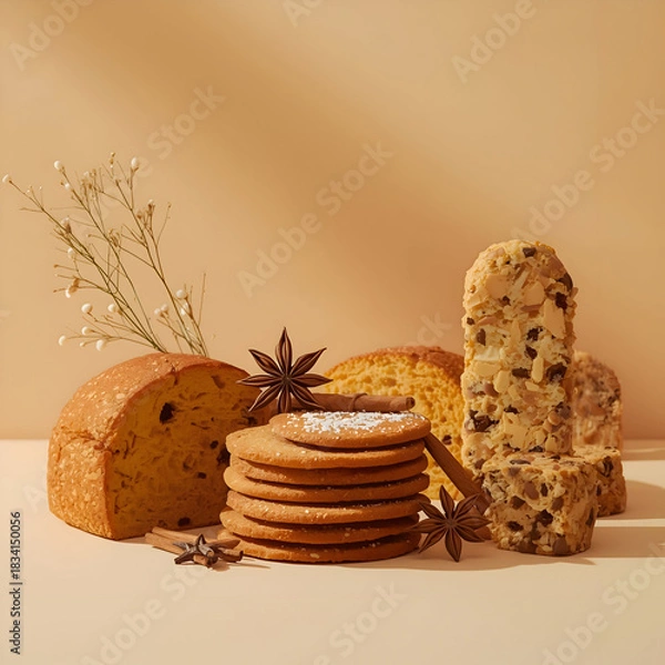 Fototapeta Delicious speculoos cookies and comforting panettone bread with buttery biscotti invite warm feeling. hot buttered rum complements this scene. Plenty of copy space for text