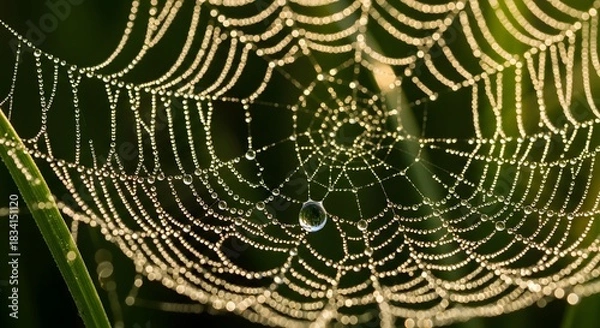 Obraz Golden spider web covered in glistening morning dew drops macro photography