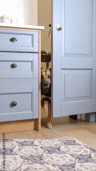 Fototapeta A curious canine peeks out from behind a light blue kitchen cabinet door, exploring the domestic space. The floor has a rug with floral patterns