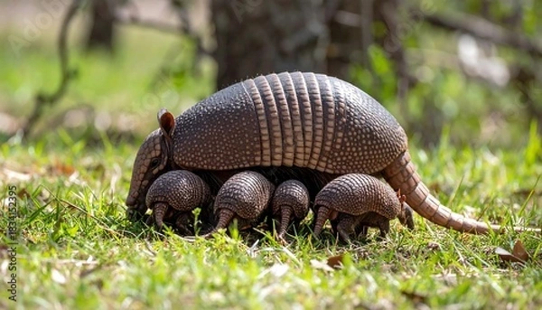 Fototapeta A curious, four-legged mammal with armored plates and a pointed tail, grazing in green grass. The animal is a pale brown color