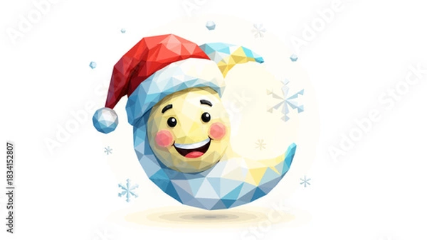Fototapeta Delightful crescent moon wearing a festive Santa hat spreading holiday cheer with geometric snowflakes creating a whimsical winter wonderland scene