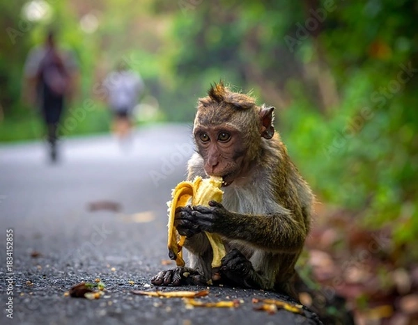 Fototapeta A curious monkey sits on a paved road, eating a banana. Blurred figures of people are in the distance. The scene is amongst greenery