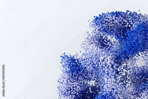 Obraz Blue particles explosion on white 3d background. Round granules blast effect. Abstract gradient splash of flying small spheres. Data flow, futuristic technology and science. 3D illustration