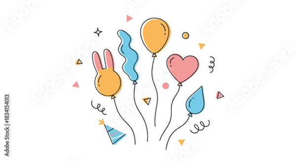 Fototapeta Whimsical hand-drawn doodle of colorful party balloons including a rabbit and heart shape with confetti and a party hat.