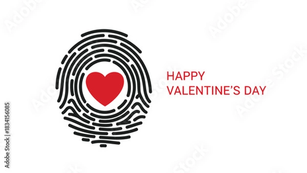 Fototapeta Unique love fingerprint with red heart and happy valentines day text on white background