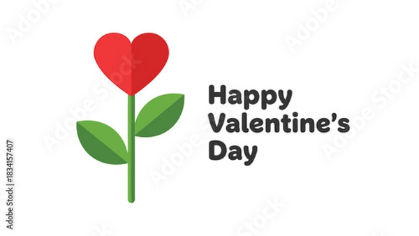Fototapeta Simple red heart flower with green leaves and happy valentine s day text