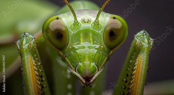 Obraz Detailed macro portrait of a vivid green praying mantis predatory insect face