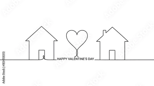 Fototapeta Continuous line drawing of two houses with a heart in between and happy valentines day text