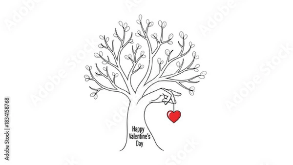 Fototapeta Hand holding a red heart ornament on a stylized tree with happy valentines day text