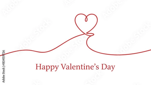 Fototapeta Elegant red heart shape drawn with a single continuous line on white background with happy valentine s day text