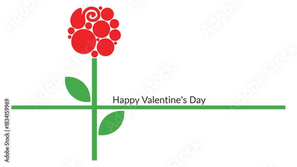 Fototapeta Modern abstract red rose with green stem and leaves and happy valentines day text