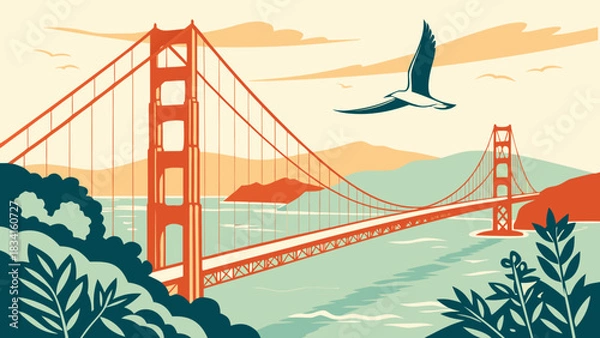 Fototapeta Golden gate bridge with a seagull soaring above, in golden light. Perfect for travel, tourism, and cityscapethemed design projects.