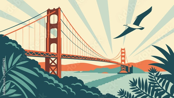 Fototapeta Golden gate bridge framed by lush tropical plants in a birdseye view captures the iconic landmarks beauty. Suitable for travel brochures and websites.