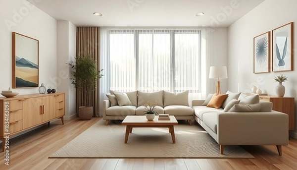 Fototapeta Luxury modern living room interior design with comfortable sofa, elegant furniture, and a fireplace