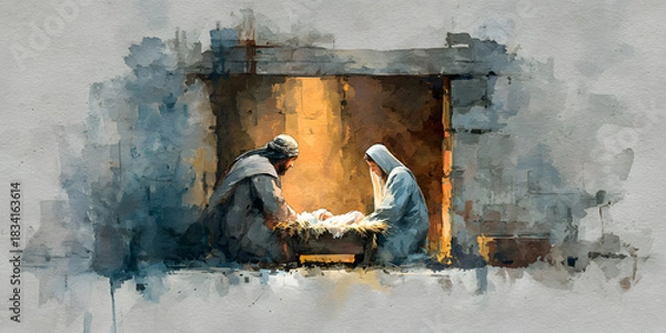 Fototapeta Watercolor painting representing Nativity scene in Bethlehem. Christmas scene illustration showing holy family baby Jesus in the manger Joseph and Mary. Banner. Copy space