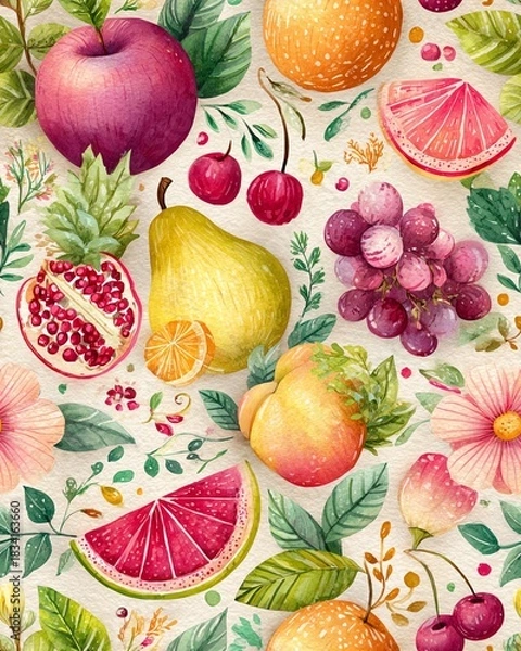 Obraz Vibrant watercolor fruit pattern illustration.