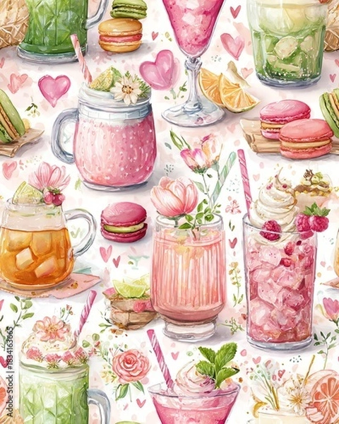 Obraz Colorful drinks and desserts pattern illustration.