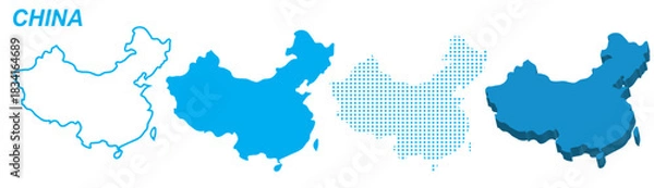 Fototapeta China Map Vector Set, Asian Outline Silhouette Dotted 3D Solid Shapes, China Country Infographic Template, Editable EPS China Geography