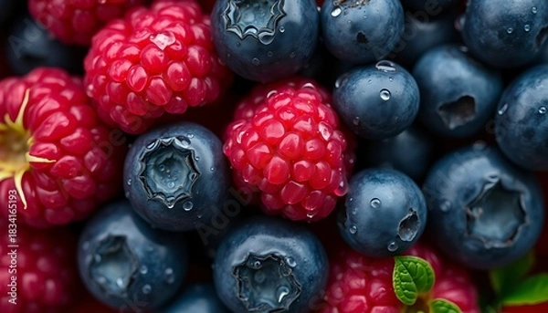 Fototapeta Fresh mixed blueberries and raspberries on a white background, isolated healthy ripe sweet berries, closeup