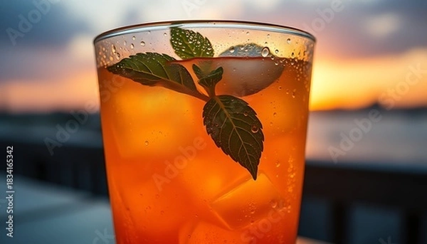 Fototapeta Fresh iced cocktail drink with mint, lemon, and water