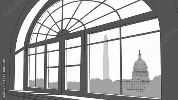 Fototapeta Washington dc skyline window view with washington monument  capitol building, ideal for travel brochures, city guides, postcards, and websites.