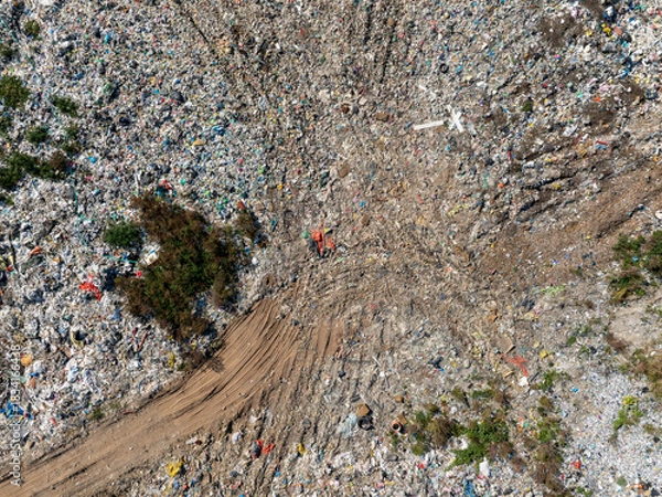 Obraz Aerial view of a landfill filled with large amounts of mixed household and plastic waste.