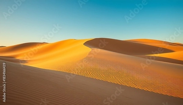 Fototapeta Sand dunes in the Sahara Desert create a vast, dry, and sunny yellow landscape, perfect for adventure travel