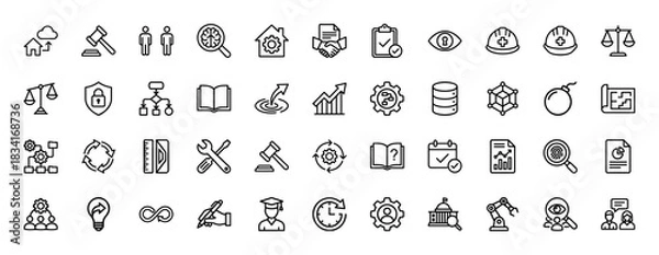 Fototapeta Business and technology line icon set. Vector pictograms of gear, handshake, scale, flowchart, and database, thin outline illustration.