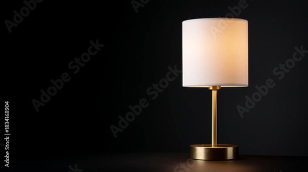 Fototapeta A minimalist table lamp with a white shade and gold base on a dark surface creates a warm glow